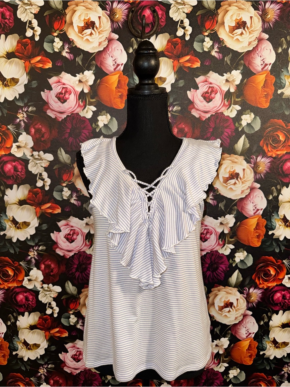 Express Blue and White Striped Ruffle Lace-Up Tank, M